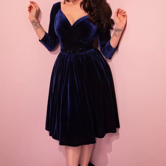 NWT Vixen by Micheline Pitt Navy Velvet Starlet Swing Dress - Picture 3 of 12